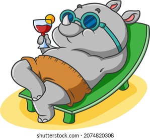 The baby rhino is sunbathing on the beach of illustration