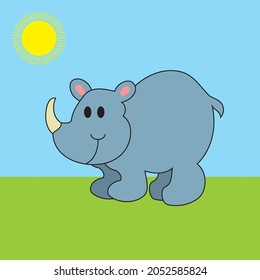 baby rhinoceros with sun cartoon illustration design.Cute rhinoceros child illustration, rhinoceros illustration 