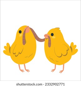 Baby Rhode Island yellow chicken  eating a caterpillar or worm. Cute baby chicken eating worm. Early bird gets the worm concept. Cartoon character isolated on white background. 2027
