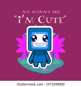 baby with robot costume vector illustration with text i'm cute for sticker and background