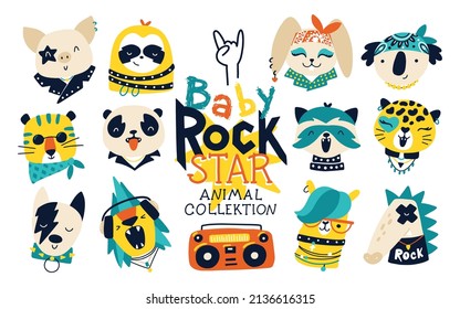 Baby rock star. Vector collection with rock animal characters for kids. Hand drawn cartoon musicians in funny doodle style. Ideal for prints on baby clothes, posters, rock punk themed parties