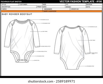  BABY ROMBER BODYSUIT LONG SLEEVE SKETCH FASHION TEMPLATE TECHNICAL ILLUSTRATION