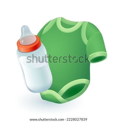 Baby romper and bottle with milk and pacifier 3D icon. Fabric jumpsuit for newborn girl or boy and infant feeder 3D vector illustration on white background. Nursery, childrens care, nutrition concept