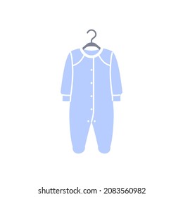 Baby romper flat icon isolated on white background. Blue color newborn girl and boy bodysuit clothing on hanger. Element design for baby store design. Beautiful kids onesie fashion vector illustration