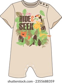 Baby Romper . Jungle theme . Parrot, leaves and slogan print detail. Sketch drawing.