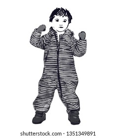 Baby in romper with stripes. Fashion child sketch. Clothes