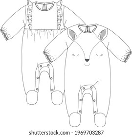 Baby romper Suit set CAD. Baby clothes Flat Sketch. vector illustration