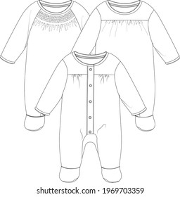 Baby Romper Suit set CAD. Baby clothes Flat Sketch. vector illustration