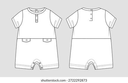 Baby Romper Desenho Técnico Plano Esboço vetor ilustração modelo frente e trás
