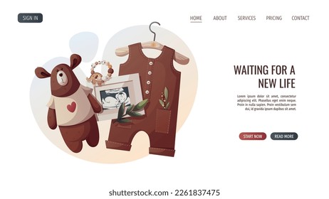 Baby romper, teddy bear, ultrasound baby picture. Baby waiting, baby clothes, pregnancy, sonogram concept. Vector illustration for poster, banner, website.