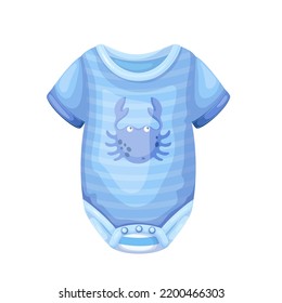 Baby romper vector illustration. Cartoon isolated blue bodysuit for body of newborn child, cute cotton jumpsuit with crab decoration for infant boy, textile onesie fashion clothing and sleepwear