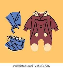 Baby rompers and cap and booties color concept. Digital illustration for web page, mobile app, promo.