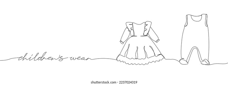 Baby rompers, children clothing, dress one line art with an inscription. Continuous line drawing of clothes, dress, children, wardrobe, dress up, neat, comfortable, home, baby.