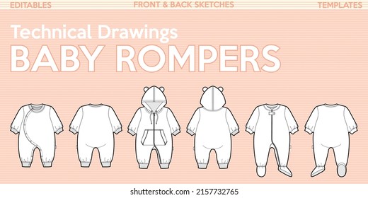 Baby rompers clothes bundle vectors set of toddler clothing fashion flat sketch for illustrator technical drawing baby clothes templates jumpsuit 