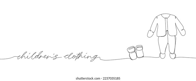 Baby rompers, warm suit, booties, slippers one line art with an inscription. Continuous line drawing of clothes, dress, children s, wardrobe, dress up, neat, comfortable, home, baby.