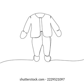 Baby rompers, warm suit one line art. Continuous line drawing of clothes, dress, children s, wardrobe, dress up, neat, comfortable, home, baby.