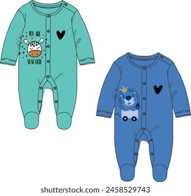 Baby Rompers.Cute animals prints. Technical drawing.