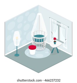 Baby room  is a baby bed on wheels with a canopy , a table, a flower pot, a window and curtains, a sleep room, boys ' room, a room for newborns, vector illustration, isometric