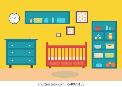 Baby room bedroom Child interior. furniture and toys. Playroom for kid in flat style. Vector illustration
