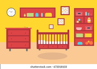 Baby room bedroom Child interior. furniture and toys. Playroom for kid in flat style. Vector illustration