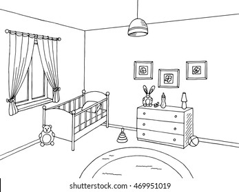 Baby Room Black White Interior Graphic Art Sketch Illustration Vector