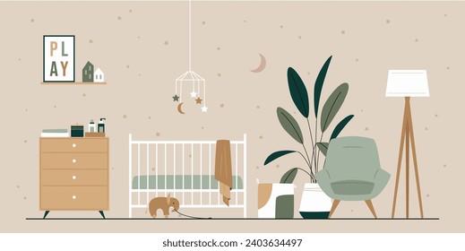 Baby room with chest of drawer, unisex white cot, big toy elephant, home plant, armchair and floor lamp. Nursery in Japandi or Scandinavian Style. Interior Background.