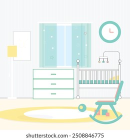 Baby room with chest of drawer, unisex white cot, big toy elephant, home plant, armchair and floor lamp. Nursery in Japandi or Scandinavian Style. Interior Background.