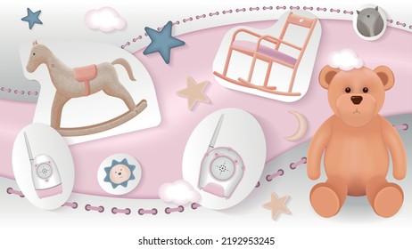 Baby Room Collage With Realistic Rocking Horse Teddy Bear Babyphone Chair On Colour Background With Clouds And Stars Vector Illustration