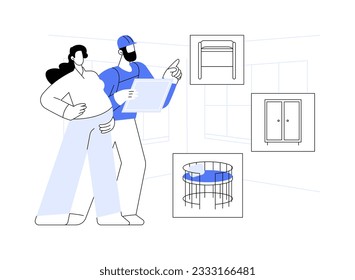 Baby room design abstract concept vector illustration. Pregnant woman discussing nursery room project with interior designer, private house interior, repair service worker abstract metaphor.