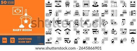 Baby Room Duotone Editable Icons set. Vector illustration in modern thin duotone style of baby room icons: bed, furniture, carpet, floor lamp, etc