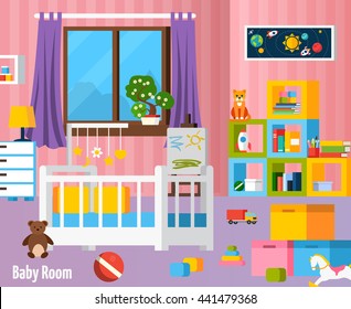 Baby room flat colorful composition with  nursery furniture toys cradle and elements for children creativity vector illustration 