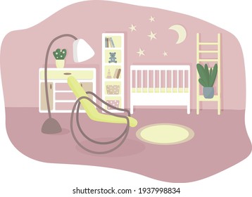 Baby room. Flat style vector illustration. Stylish interior.  Apartment design for a newborn girl.