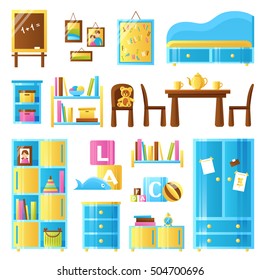 Baby room furniture colored icons set of toys chalkboard wardrobe commode shelves isolated vector illustration