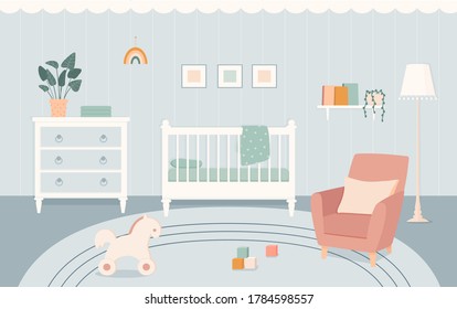 Baby room with furniture in flat style. Nursery and playroom interior with a baby cot in boho style. Vector illustration.