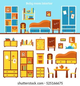 Baby room furniture infographics with interior of nursery and kit of subject of furniture for play and study flat vector illustration  