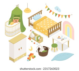 Baby room furniture - modern vector colorful isometric illustrations set. Cozy bed, rainbow, soft toys, pencil drawing table and chair, cube pyramid, locker. Happy childhood and interior design idea