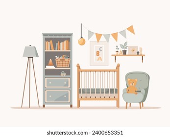 Habitación para bebés con muebles. Interior estilo boho de guardería. Habitación infantil. Ilustración vectorial plana. Diseño de apartamentos para recién nacidos.Dormitorio para un bebé con cuna, juguetes, vestidor, sillón, estante.