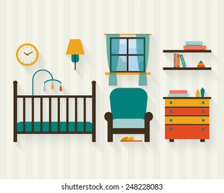 Baby room with furniture. Nursery interior. Flat style vector illustration.