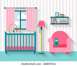 Baby room with furniture. Nursery interior. Flat style vector illustration.