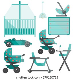 Baby room furniture. Nursery interior. Vector flat illustration.