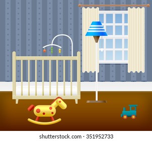 Baby Room With Furniture. Nursery Interior. Vector illustration.