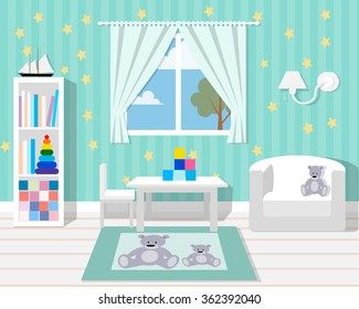 Baby room with furniture. Nursery interior. Flat style vector illustration. Baby room. Nursery room. Playing room. Room interior. Vector illustration.