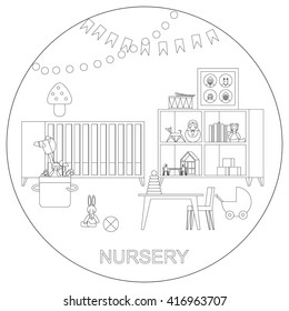 Baby room with furniture. Nursery interior. Vector flat illustration.