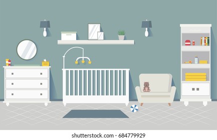 Baby room with furniture. Nursery interior Stylish interior. Children's room. Flat style vector illustration. Apartment design for newborn boy.