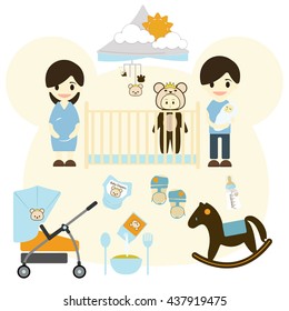 Baby room with furniture. Nursery interior.Baby Stroller, Flat style vector illustration.
