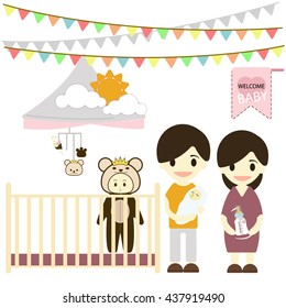 Baby room with furniture. Nursery interior.Baby Shower Flat style vector illustration.