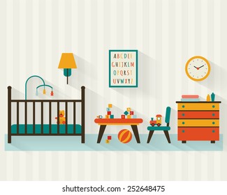 Baby room with furniture. Nursery and playroom interior. Flat style vector illustration.