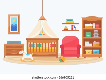 Baby room with furniture. Nursery and playroom interior. Flat style vector illustration.