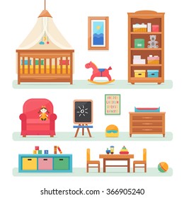 Baby room with furniture. Nursery and playroom interior. Flat style vector illustration.