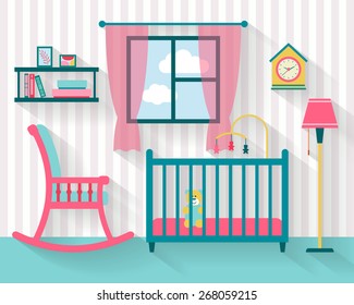 Baby room with furniture and  rocking chair. Nursery interior. Flat style vector illustration.